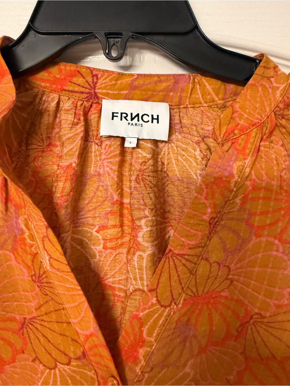 FRNCH Paris Blouse Small Tie Sleeve Button Front Shell Print Orange Pink Viscose - Picture 5 of 7
